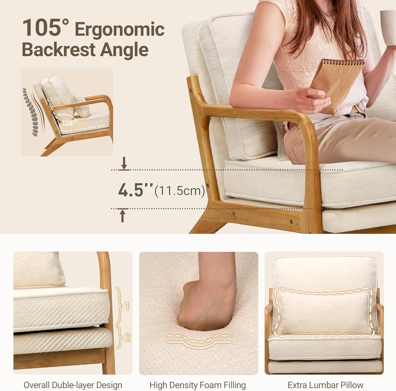 Beige Upholstered Accent Chairs With Lumbar Pillows