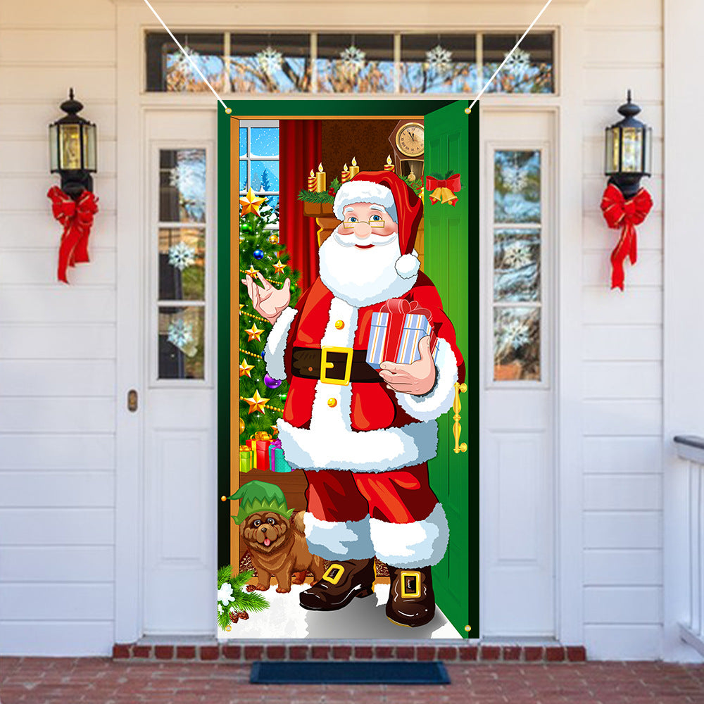 New Christmas Door Curtains, Flags, Outdoor Photography, Santa Claus and Puppies, Background Decoration, Hanging Cloth