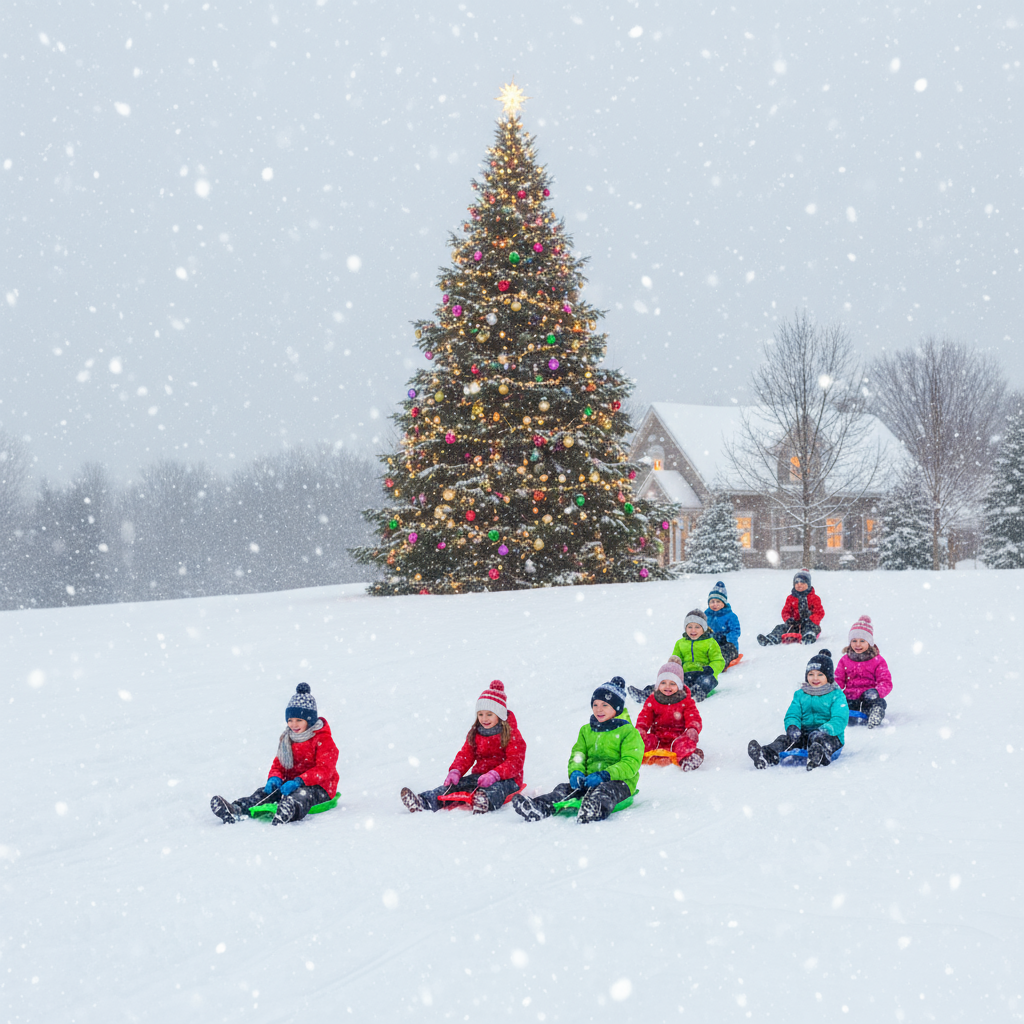 Snowy hill with kids sledding and Christmas tree